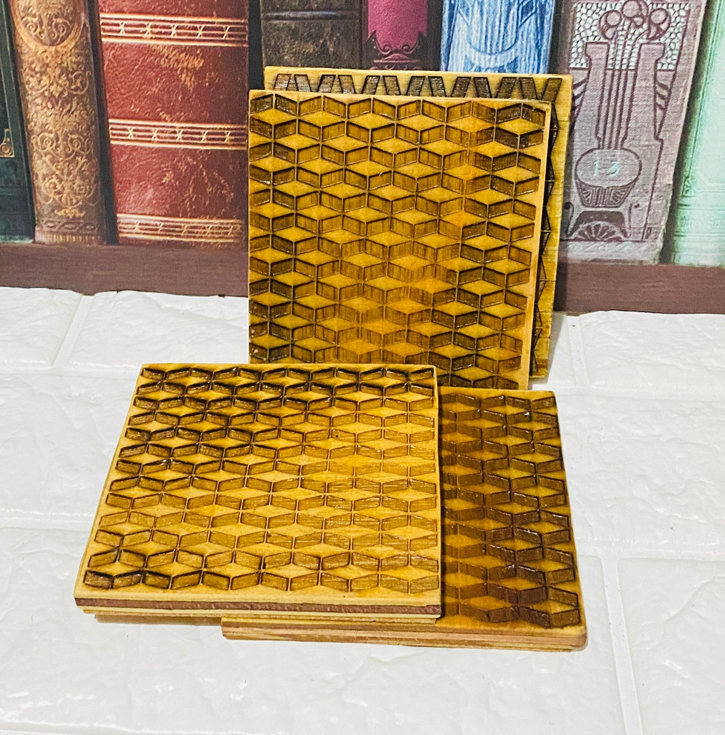 geometric laser engraved wood coasters set of 4