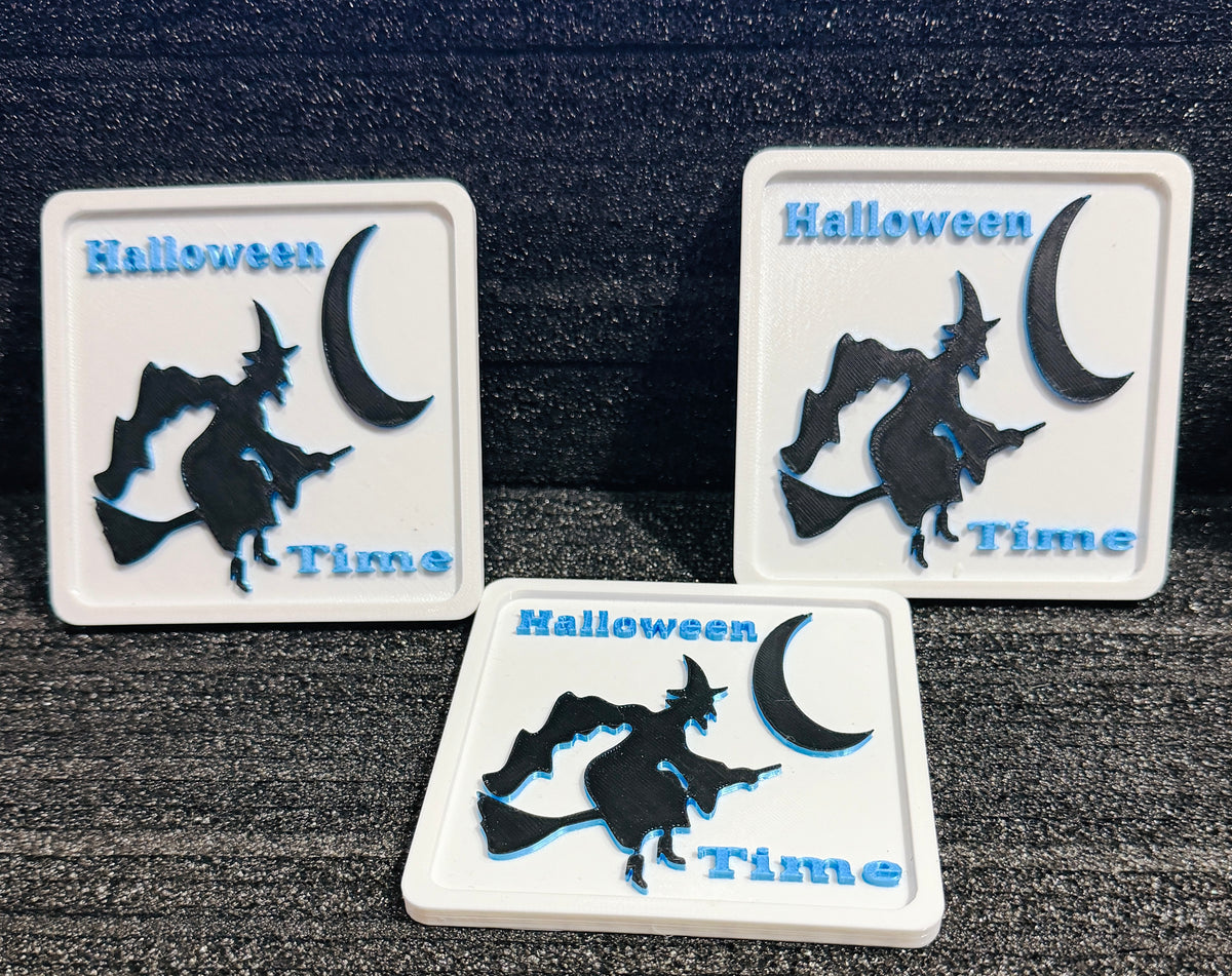 Halloween Witch Coasters Set of 4 – Witch on Broom & Moon – Spooky Halloween Home Decor – Fun Witch Gift – Halloween Drink Coasters Witch Coasters