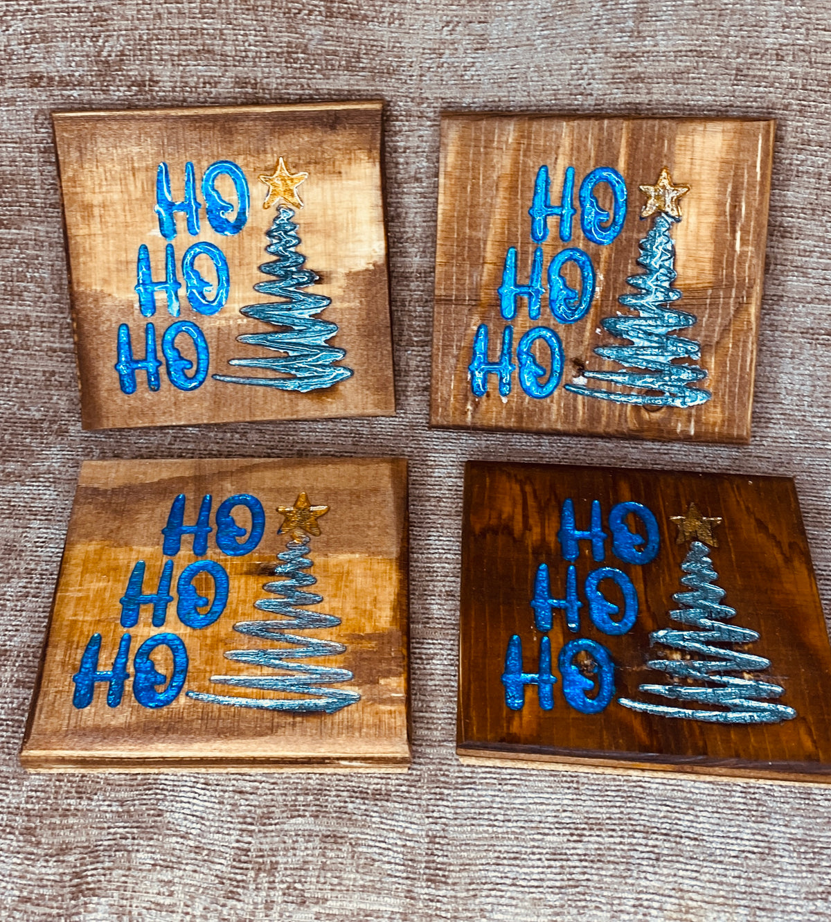 Ho Ho Ho Christmas tree coasters.