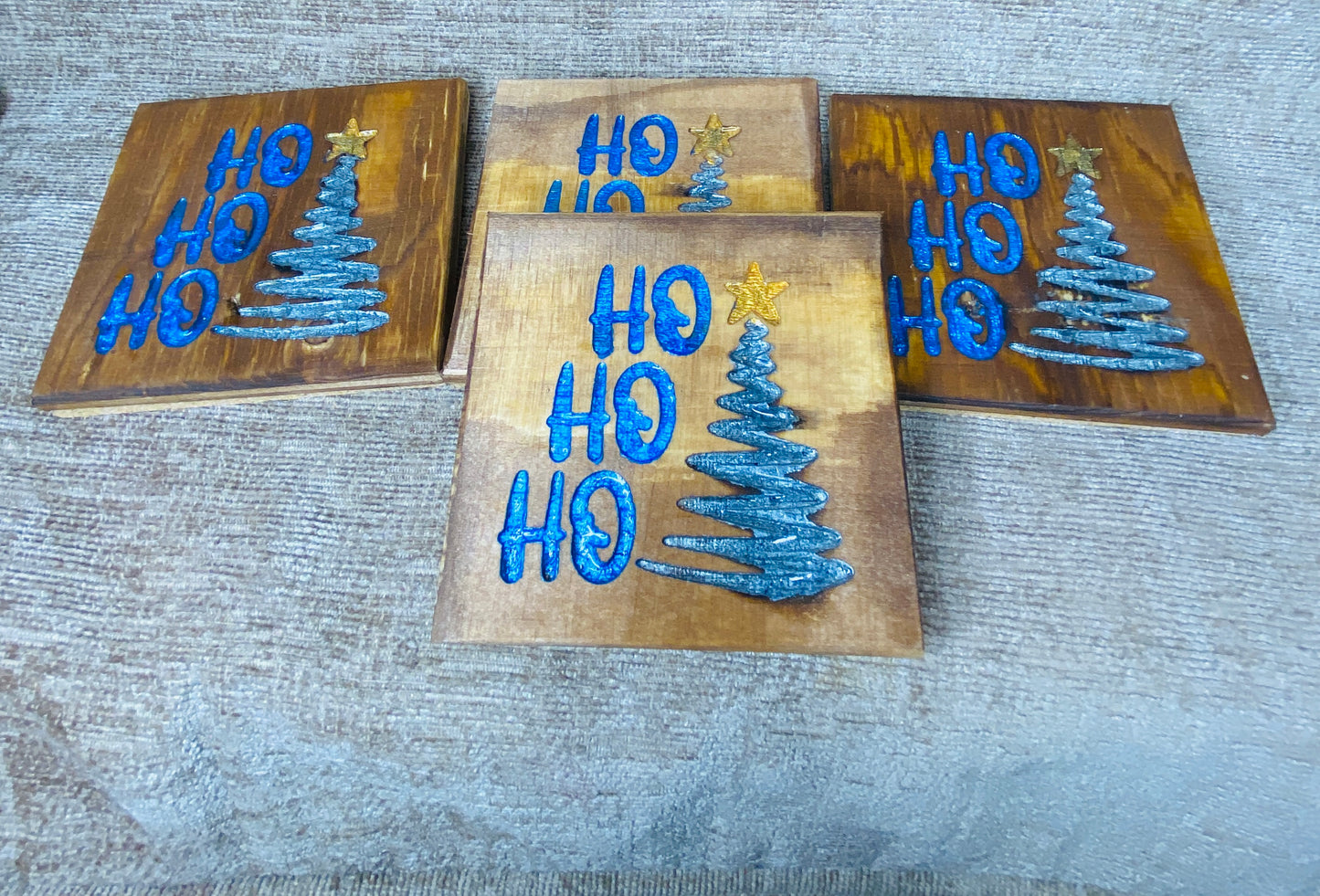 Ho Ho Ho Christmas tree coasters.