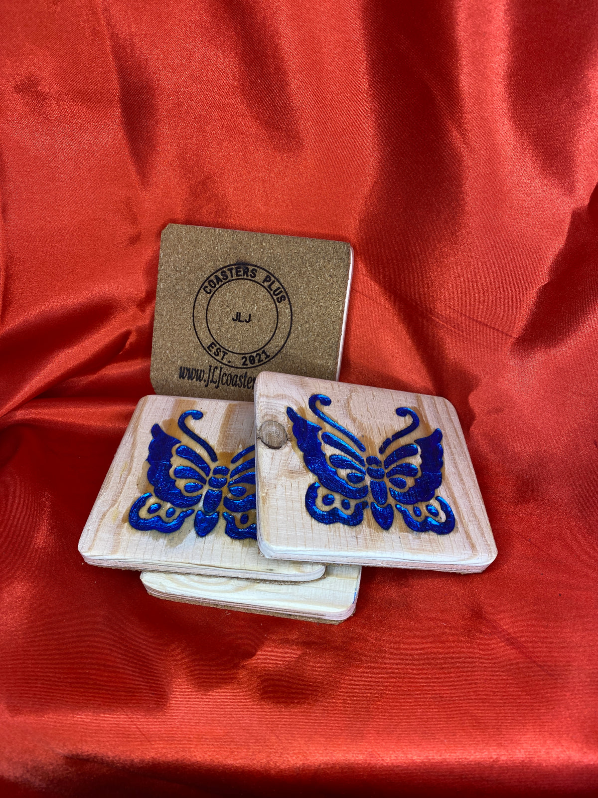 Butterfly Blue wood coasters x 4