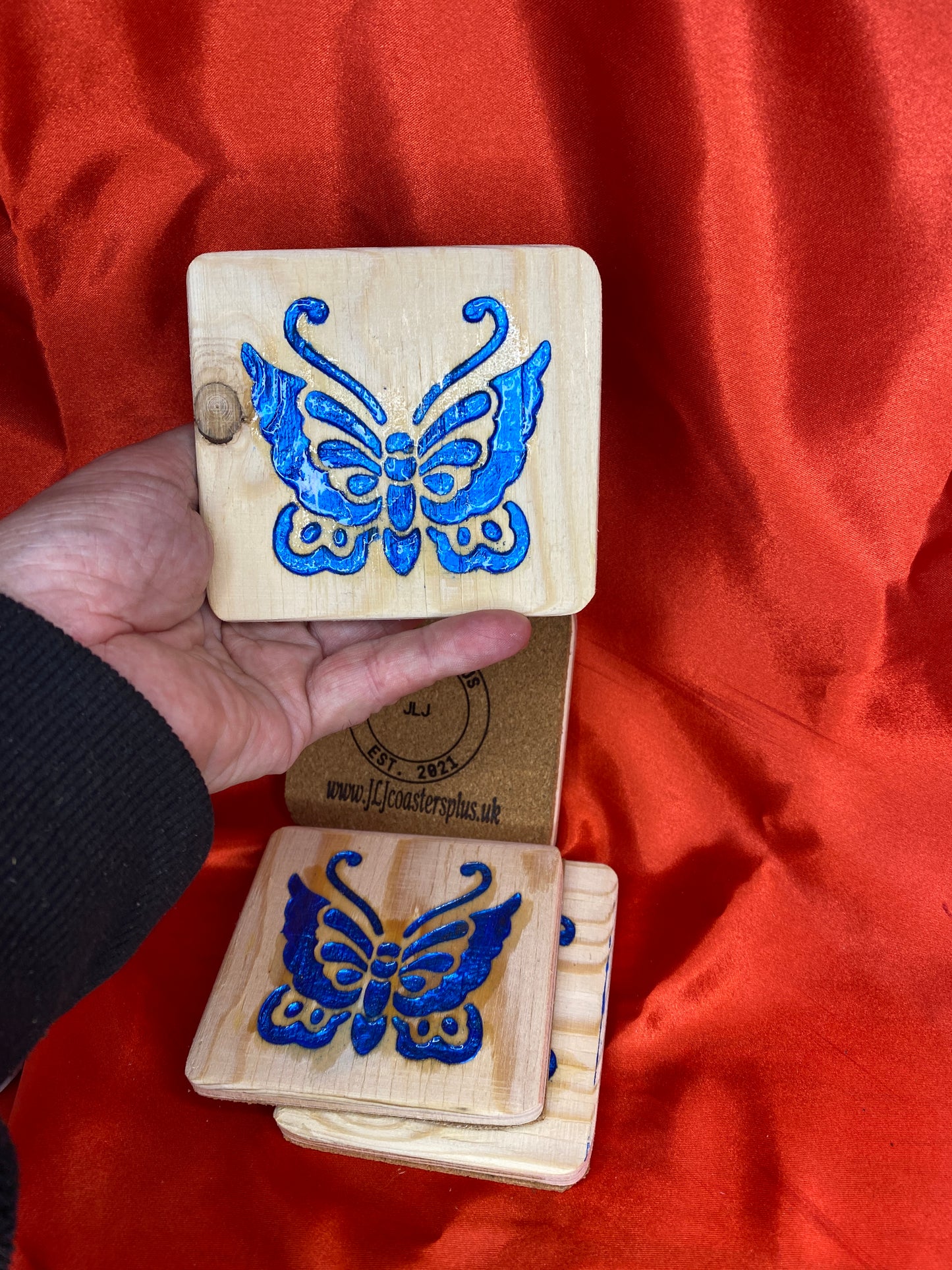 Butterfly Blue wood coasters x 4