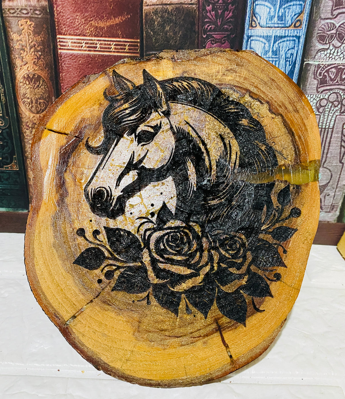 Laser engraved Horse head on tree slice