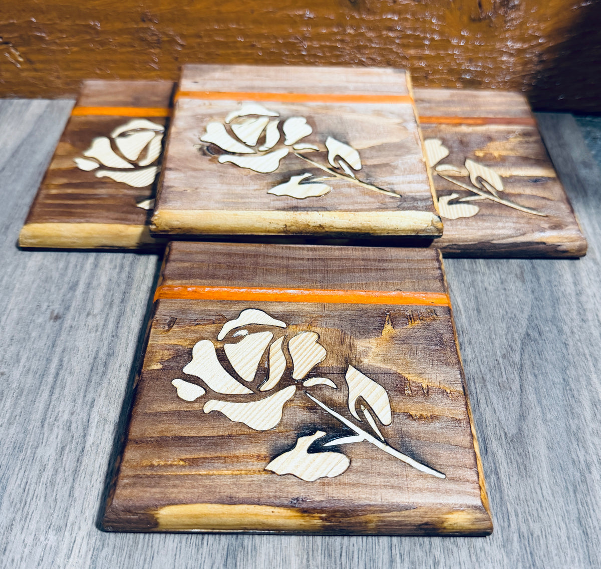 Handmade Veneer Rose Inlay Coasters with Orange Accent Strip