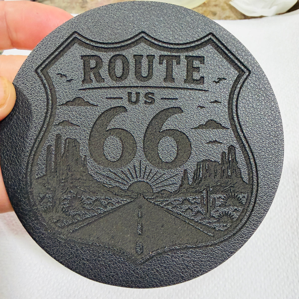 Route 66 Leather on Cork Coaster Set – Set of 4