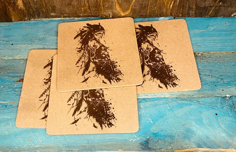 MDF Coasters set of 4. Indian squaw. Laser engraved. great gift. housewarming