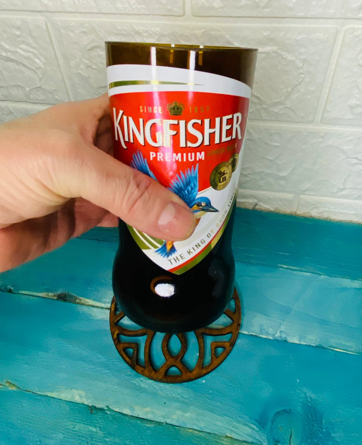 Kingfisher Beer Glass handmade from beer bottle.