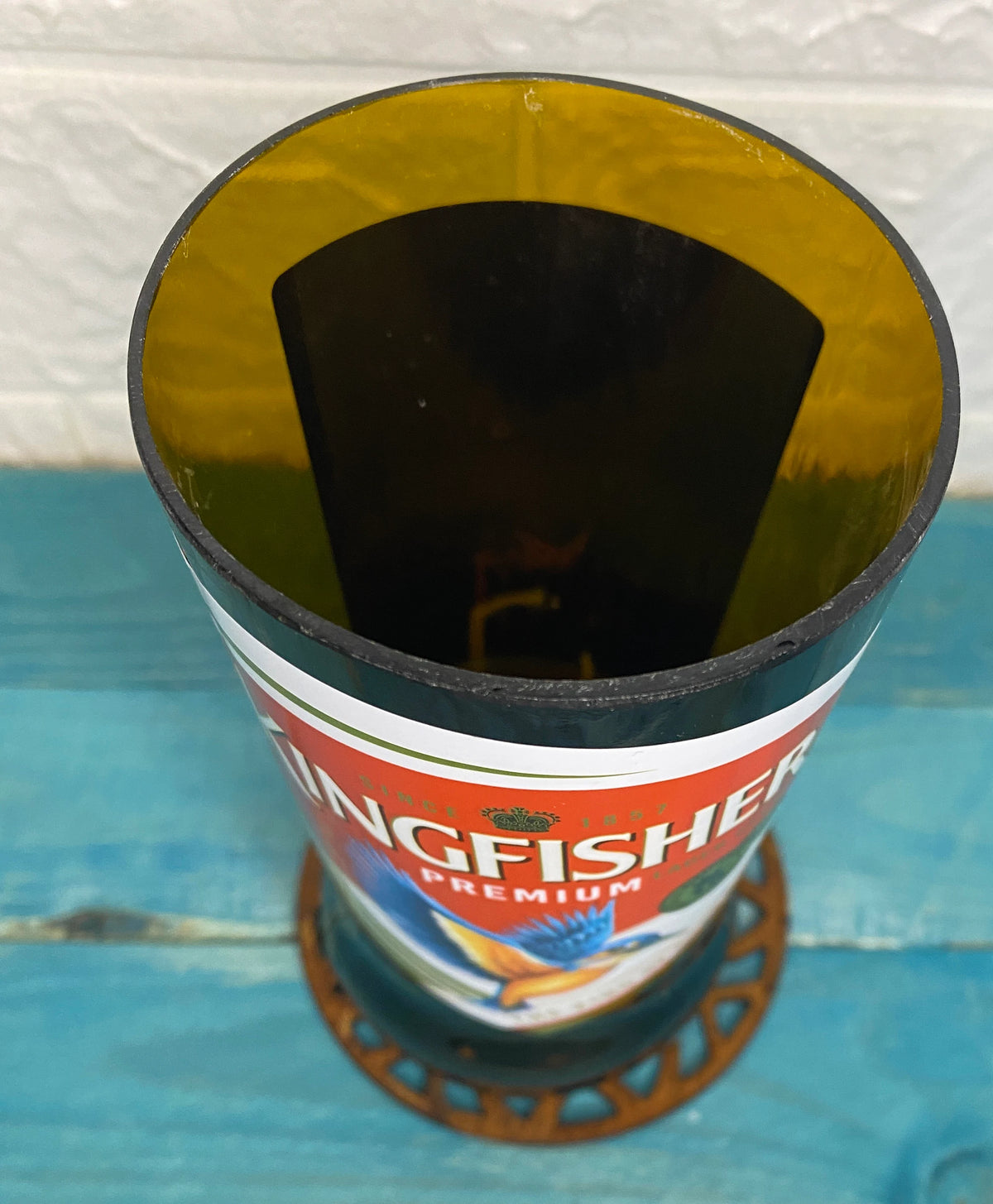 Kingfisher Beer Glass handmade from beer bottle.