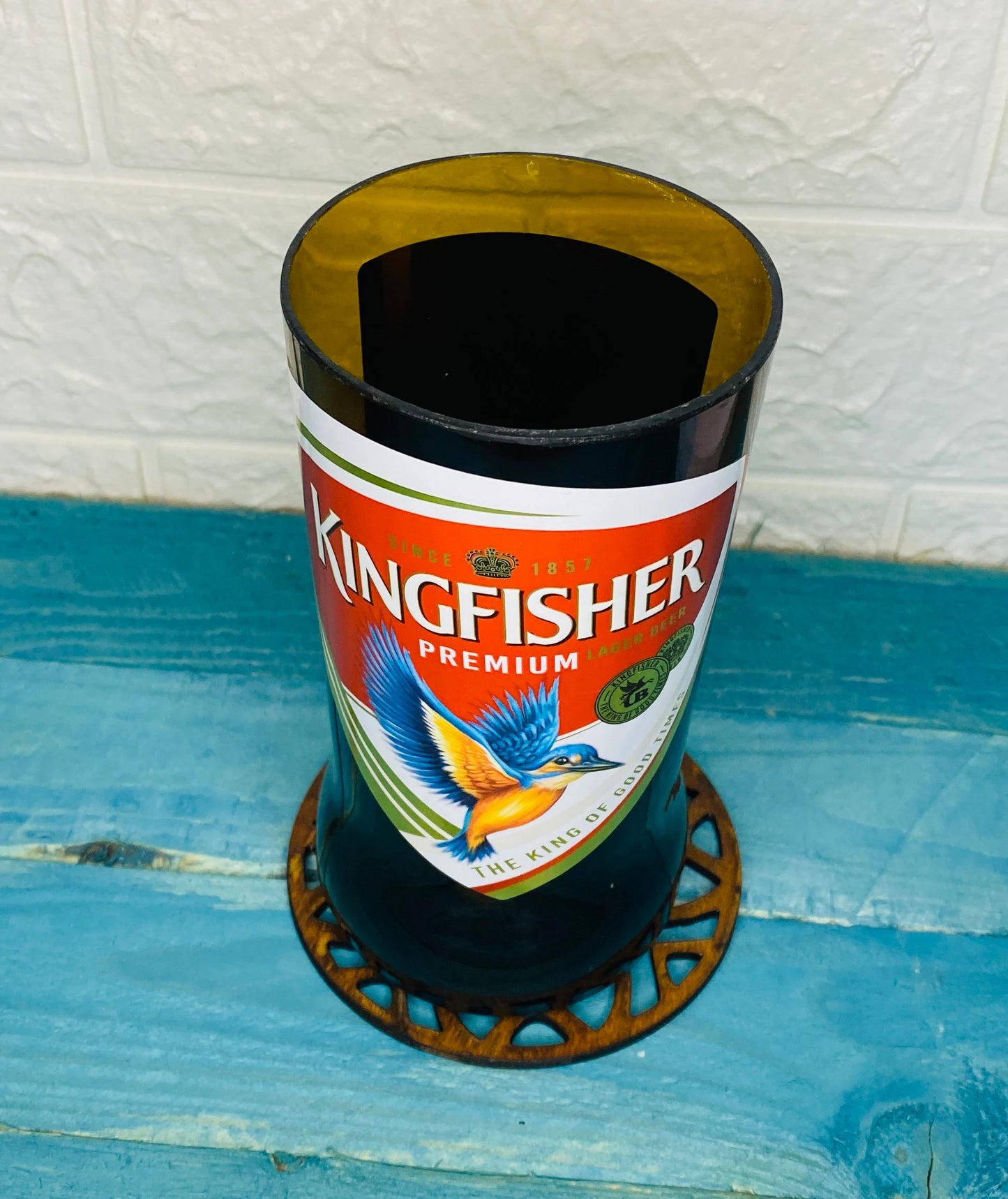 Kingfisher Beer Glass handmade from beer bottle.