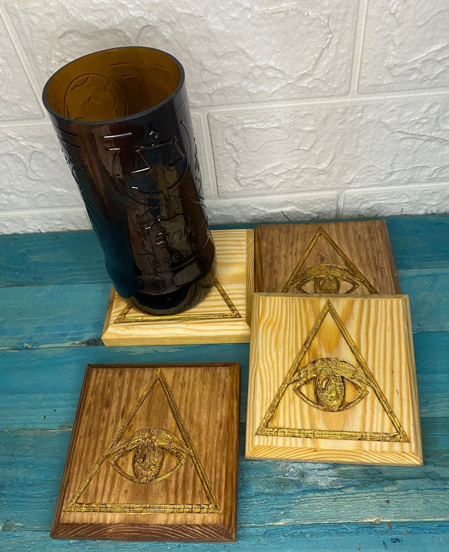 Eye of Horus Egyptian Wooden coasters with cock back.