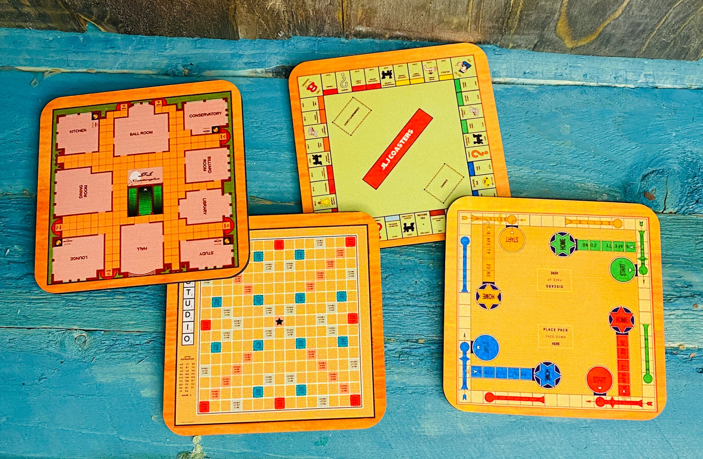 Game board coasters set of 4, monopoly, Scrabble, Cluedo