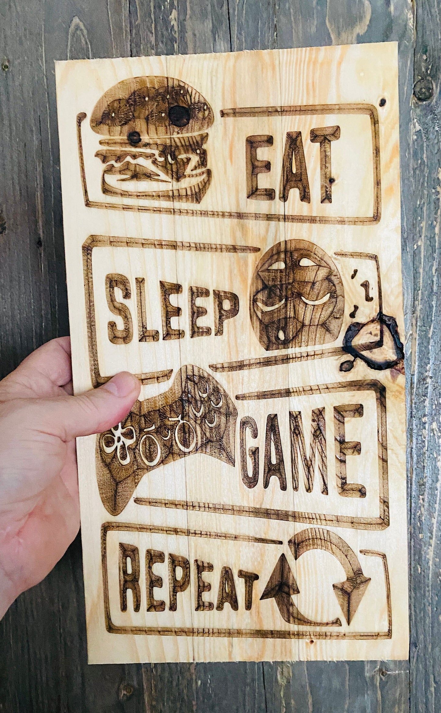 Handmade upcycled wood, wall art. gamer, x box, play, Laser engraved.
