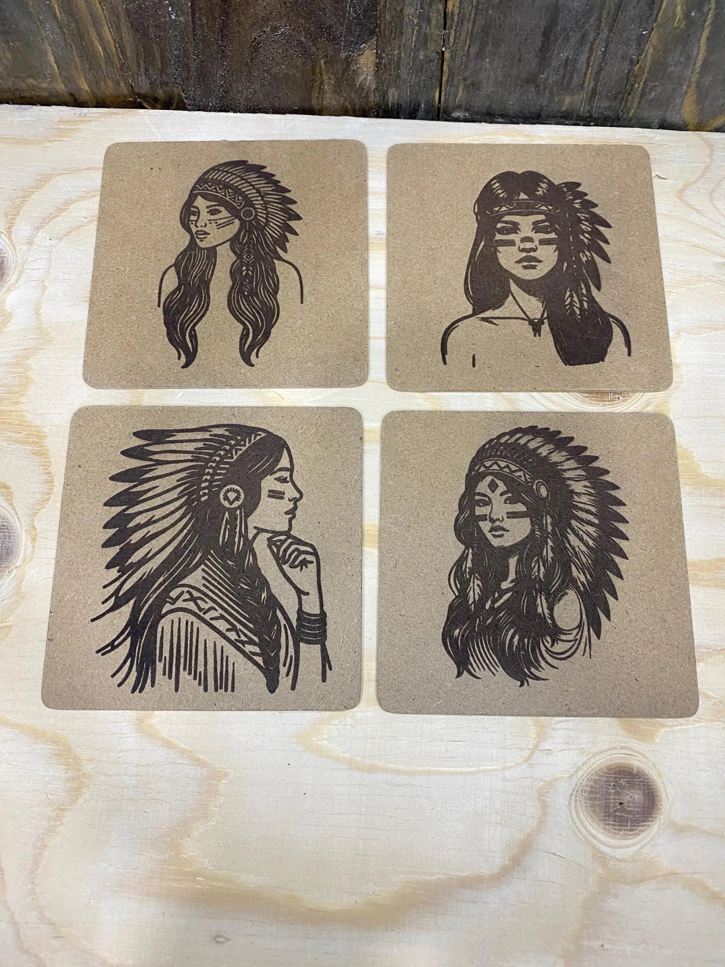 MDF Coasters set of 4. Indian squaw portraits, Laser engraved. great gift. housewarming, all occasions.