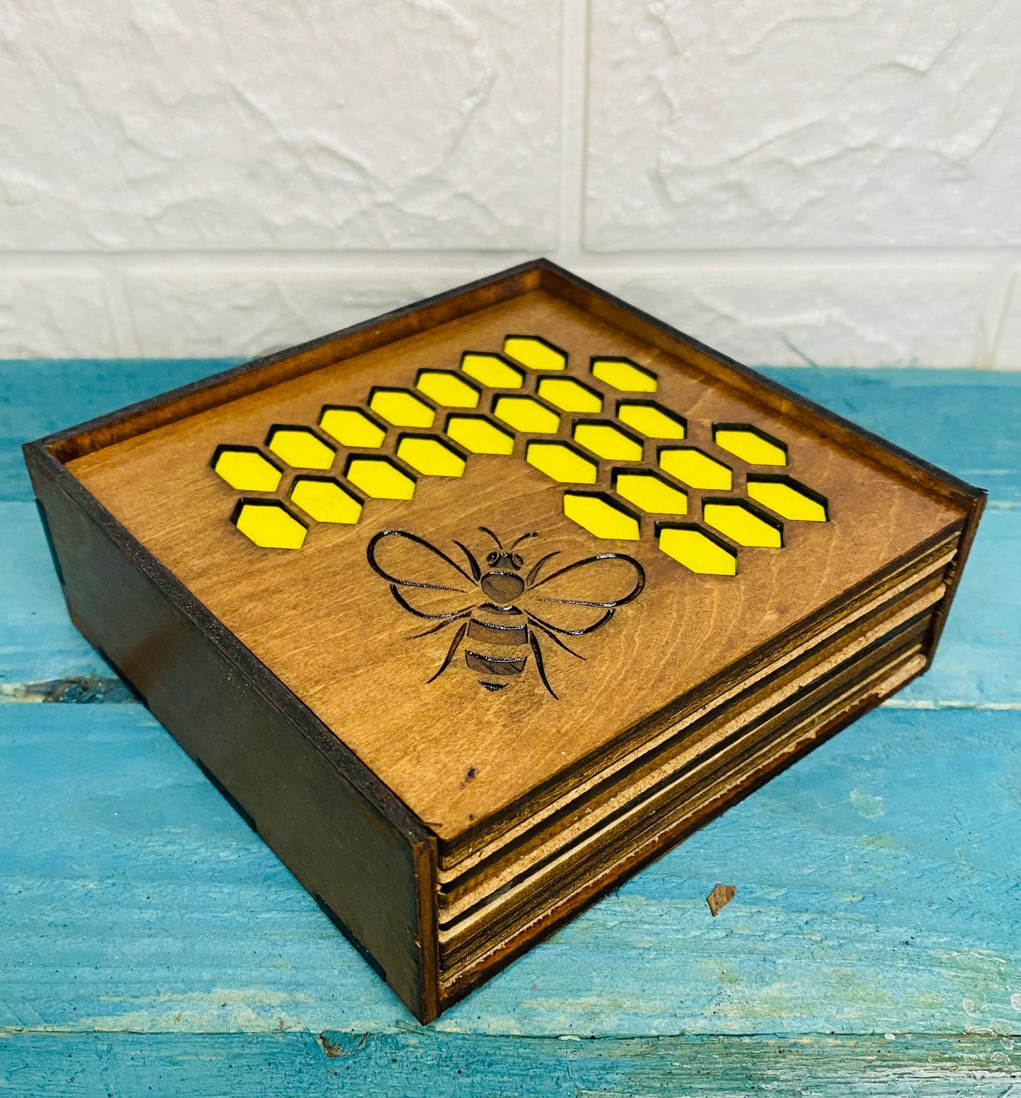 Set of 4 honey Bee plywood Coasters with cock backing and holder.