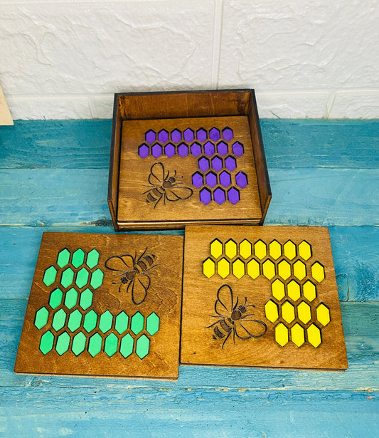 Set of 4 honey Bee plywood Coasters with cock backing and holder.