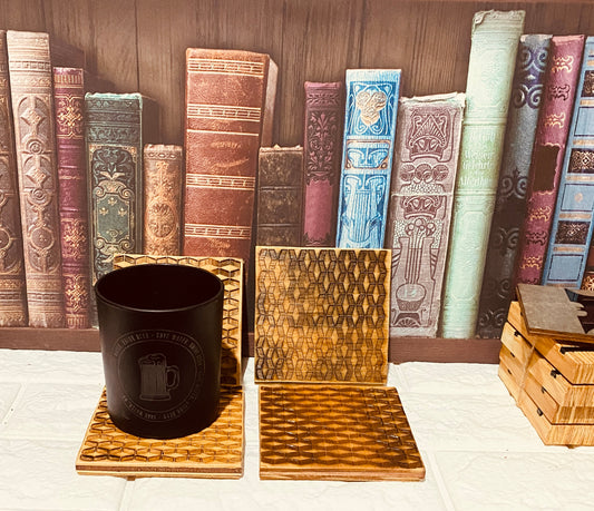 geometric laser engraved wood coasters set of 4