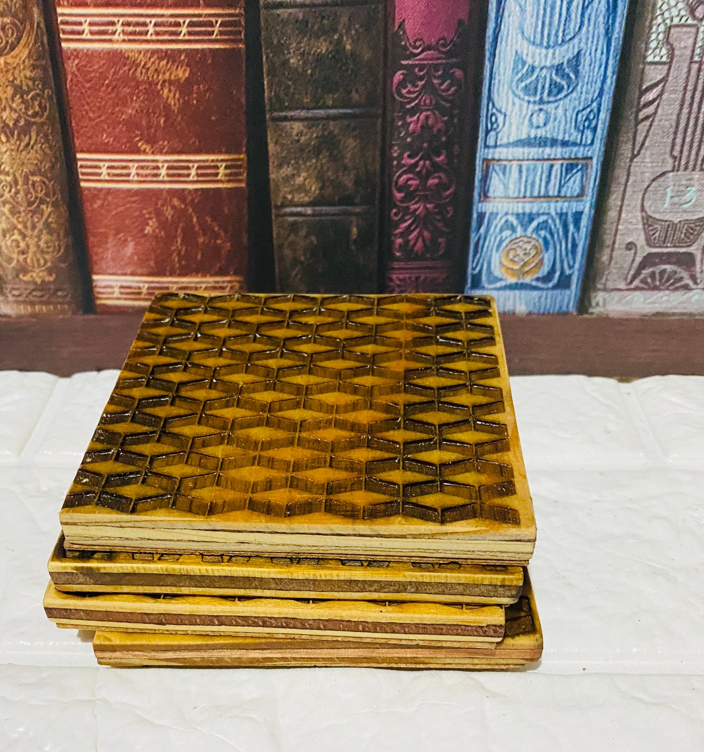 geometric laser engraved wood coasters set of 4