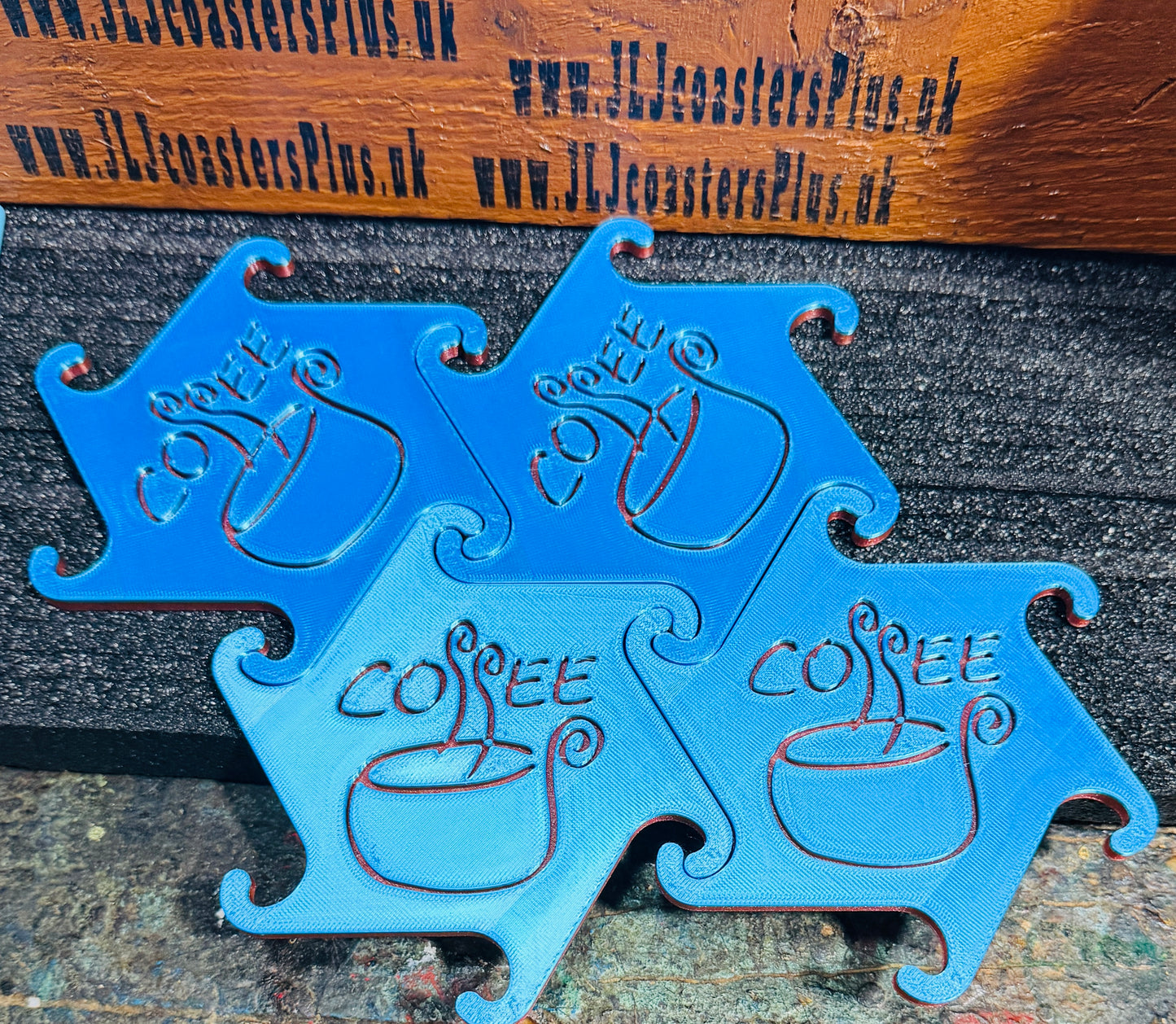 Interlock blue coffee coasters 3D printed x 4