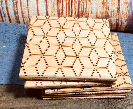 Wood coasters with geometric square pattern lasered on x4