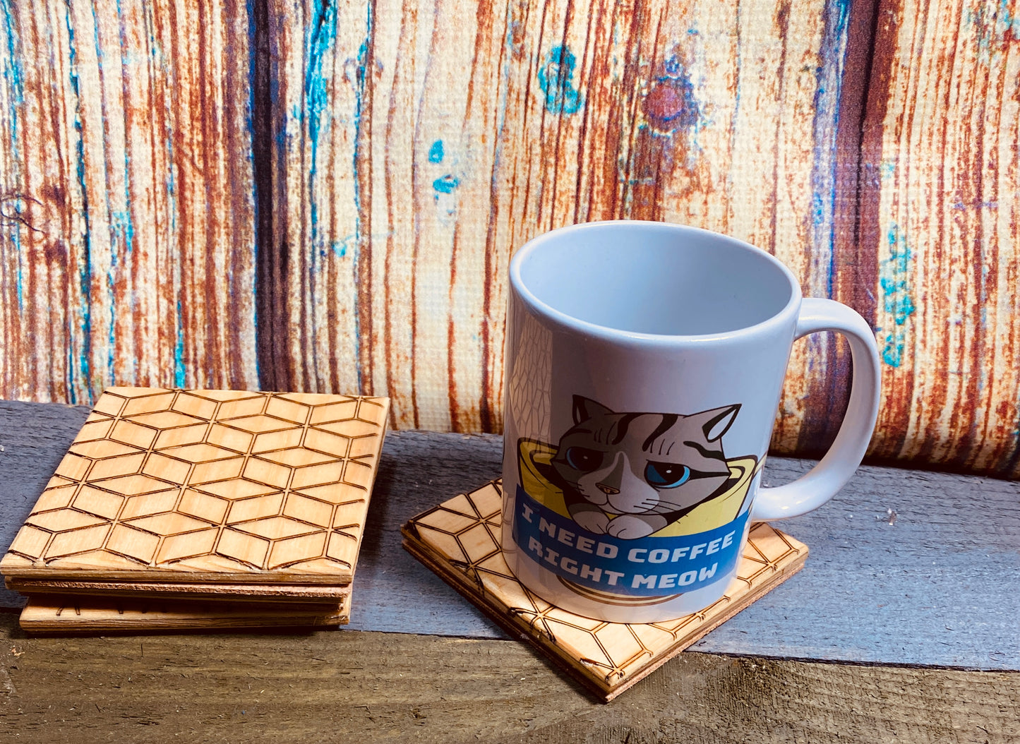 Wood coasters with geometric square pattern lasered on x4