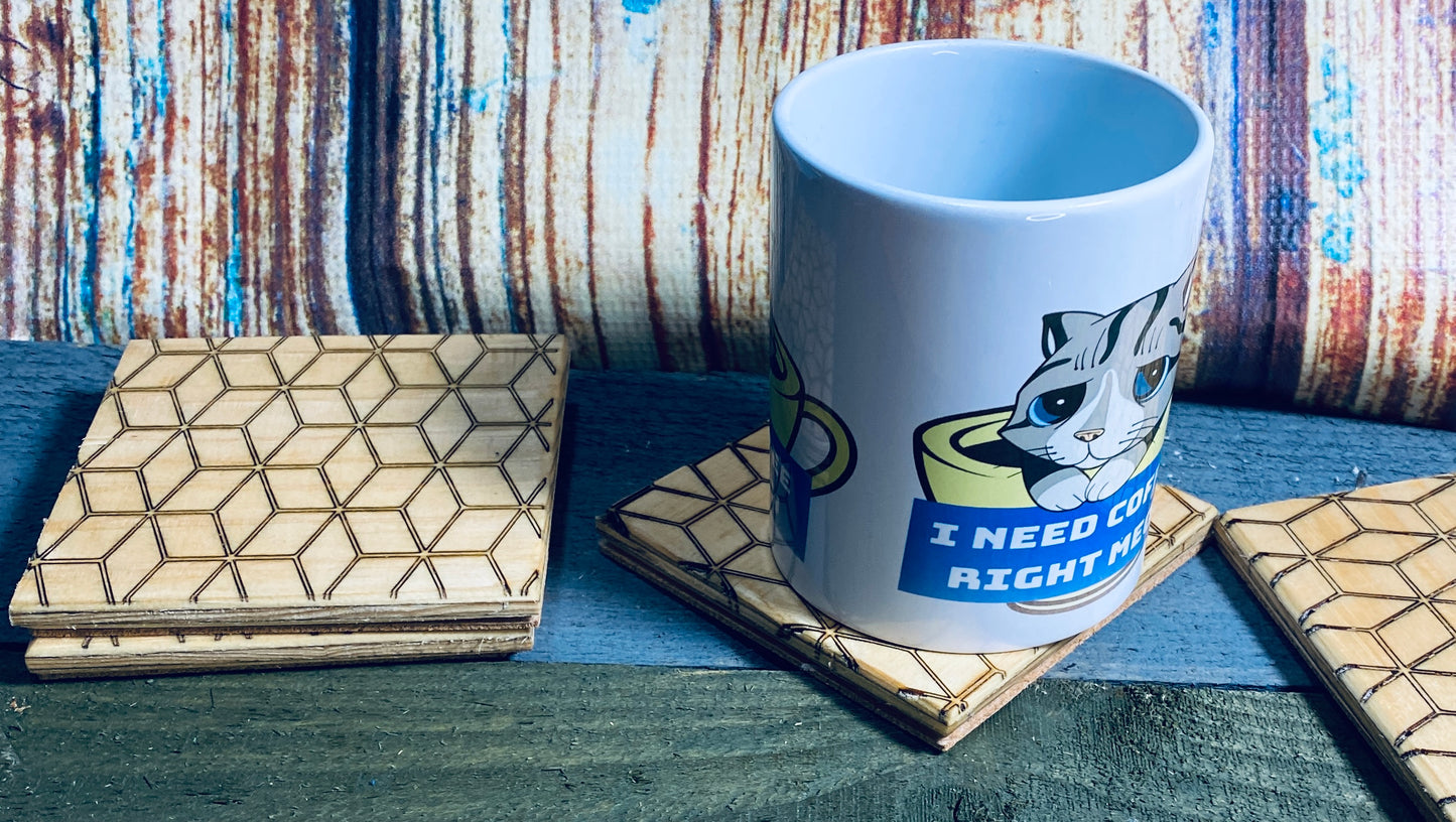 Wood coasters with geometric square pattern lasered on x4