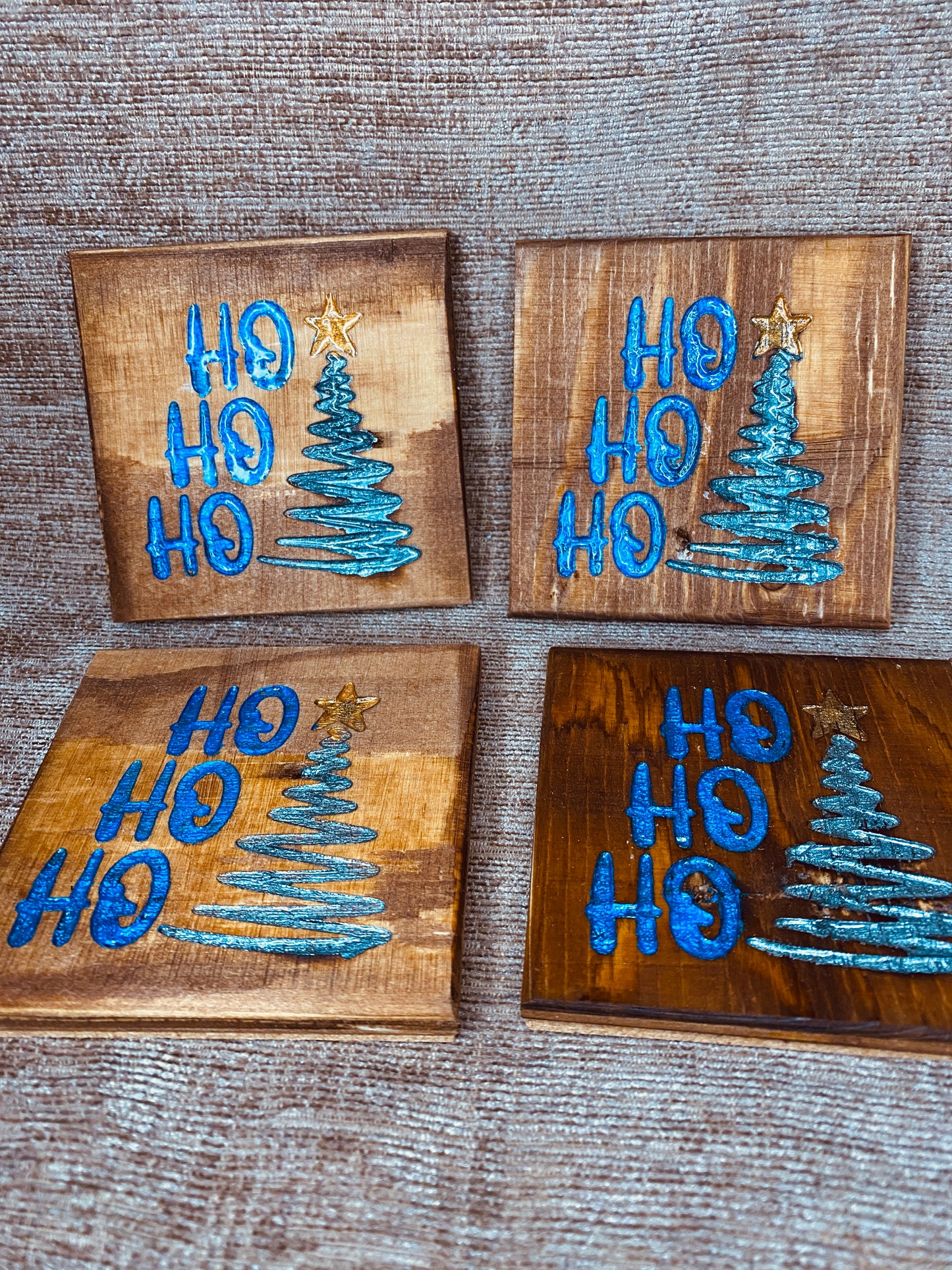 Ho Ho Ho Christmas tree coasters.