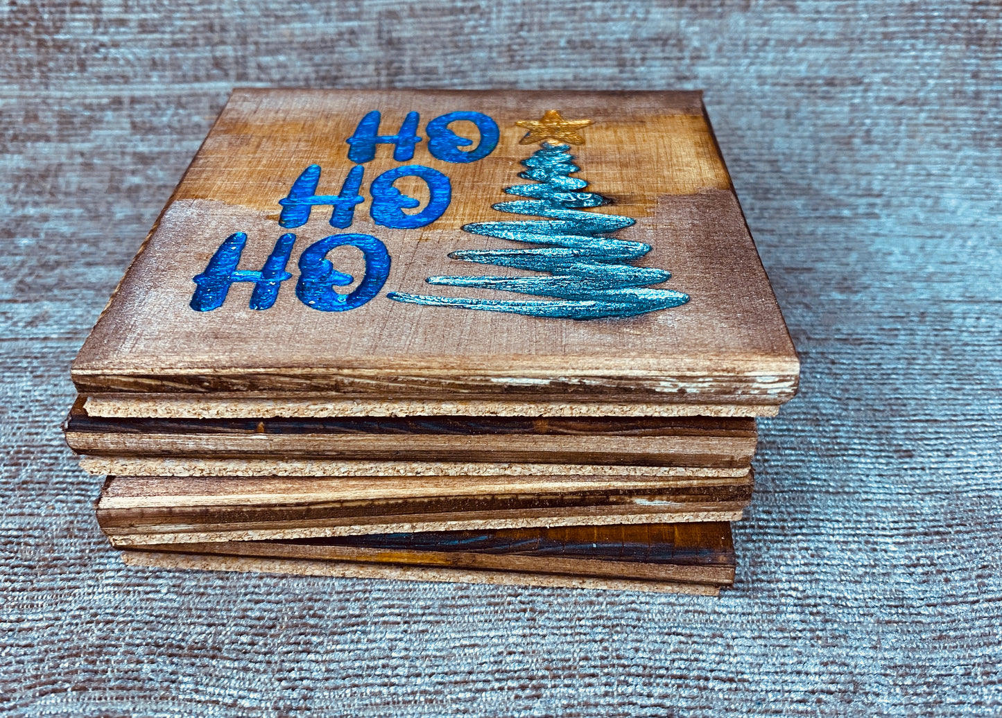 Ho Ho Ho Christmas tree coasters.