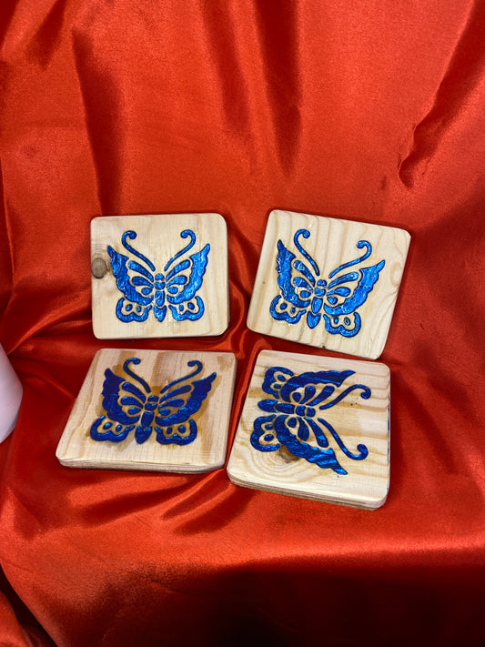 Butterfly Blue wood coasters x 4
