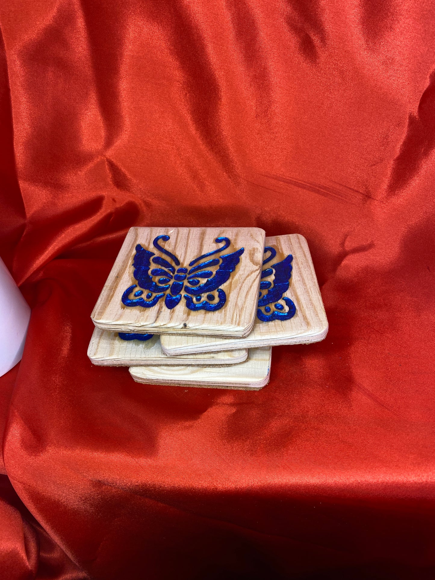 Butterfly Blue wood coasters x 4