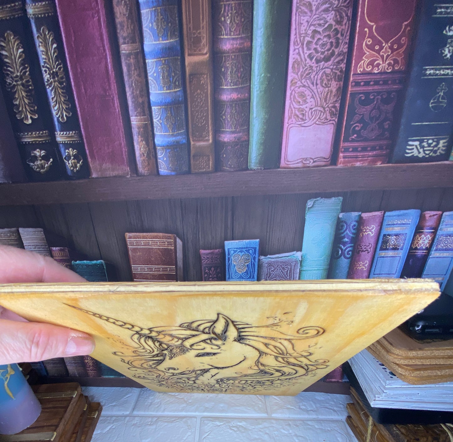 Unicorn laser engraved on upcycled wood