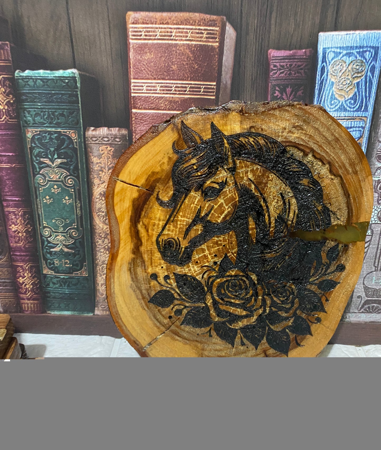 Laser engraved Horse head on tree slice