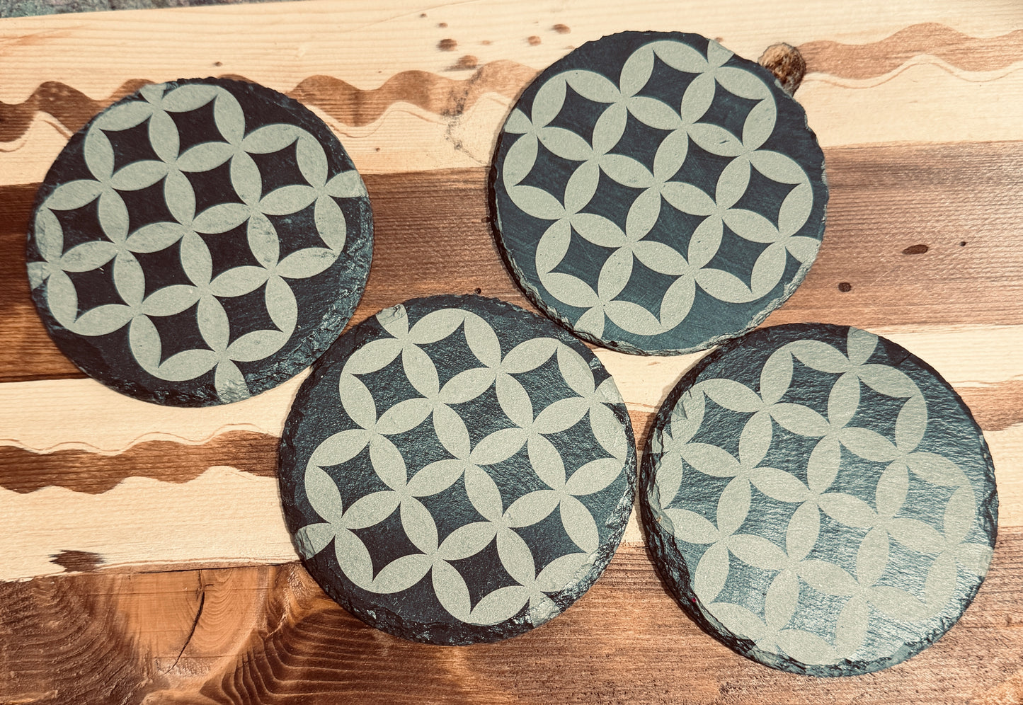 🔵 Round Slate Geo Coasters – Laser Engraved | One-of-a-Kind