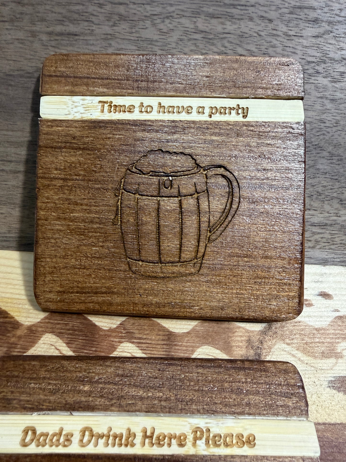 🍺 Personalised Wooden Beer Coasters – With Interchangeable Names & Sayings
