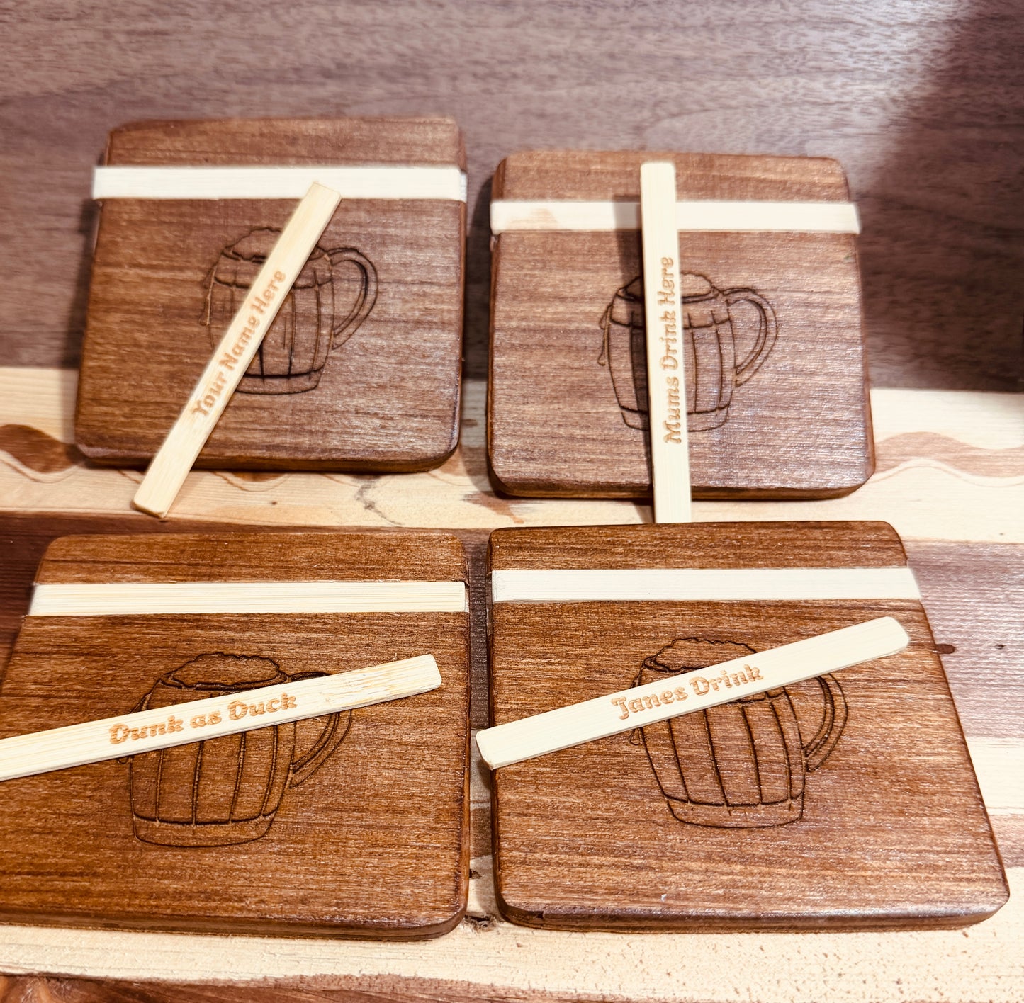 🍺 Personalised Wooden Beer Coasters – With Interchangeable Names & Sayings
