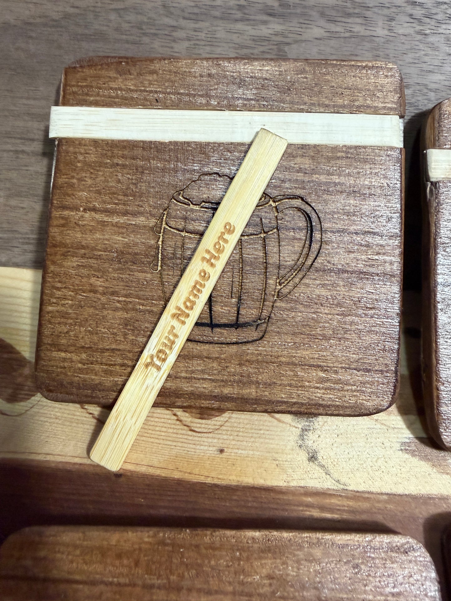 🍺 Personalised Wooden Beer Coasters – With Interchangeable Names & Sayings