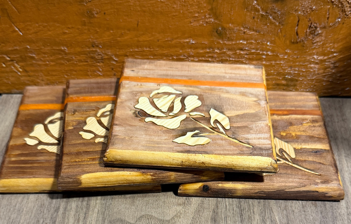 Handmade Veneer Rose Inlay Coasters with Orange Accent Strip
