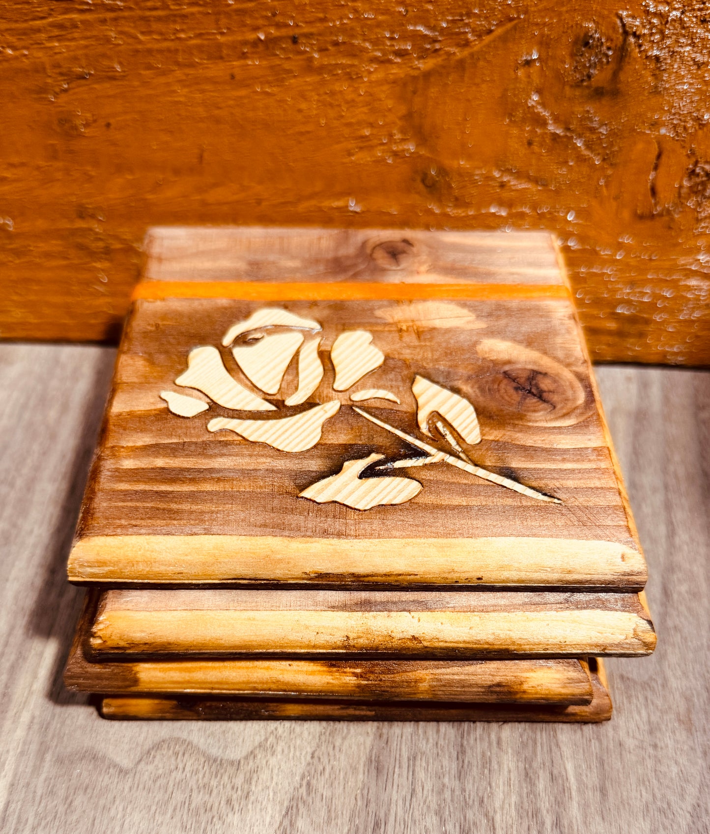 Handmade Veneer Rose Inlay Coasters with Orange Accent Strip