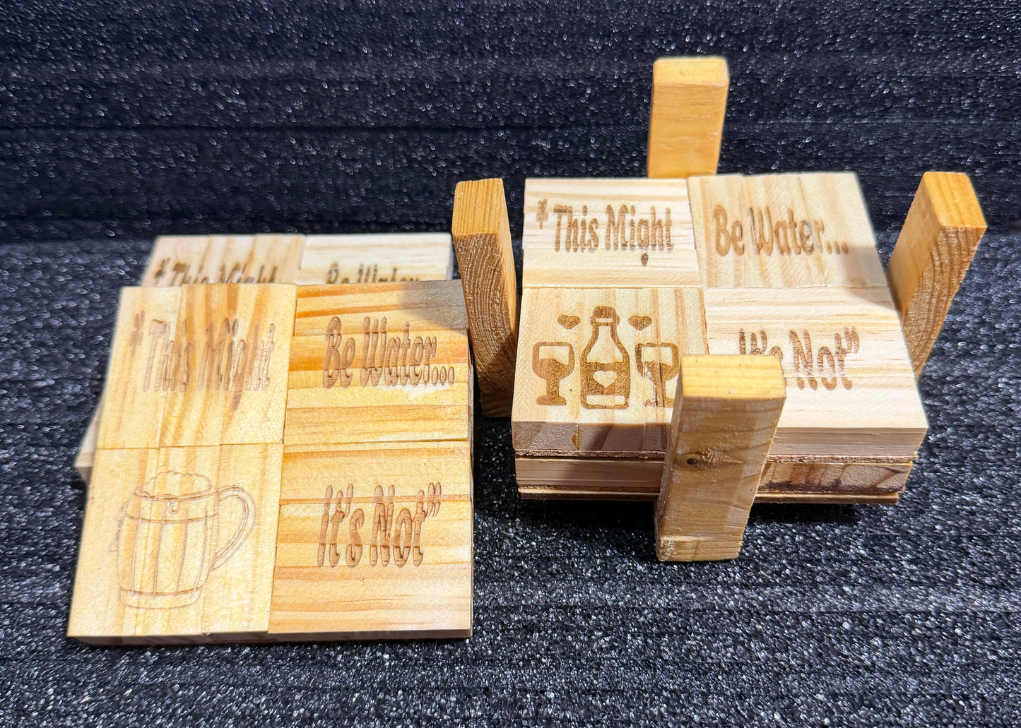 🪵 “This Might Be Water… It’s Not” – Handmade Jenga Block Coasters