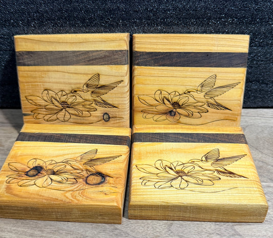 🌿 Hummingbird Chunky Wooden Coasters – Handmade &amp; Laser Engraved