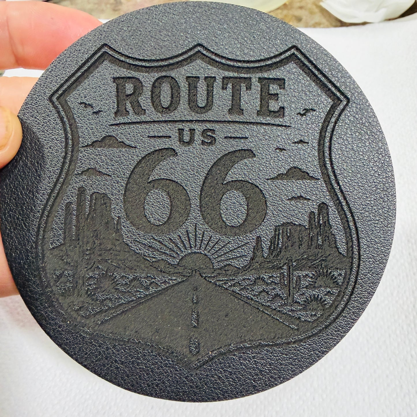 Route 66 Leather on Cork Coaster Set – Set of 4
