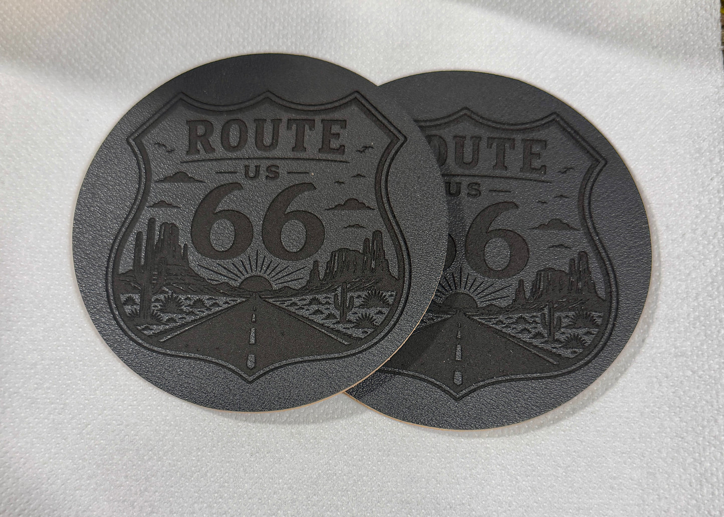 Route 66 Leather on Cork Coaster Set – Set of 4