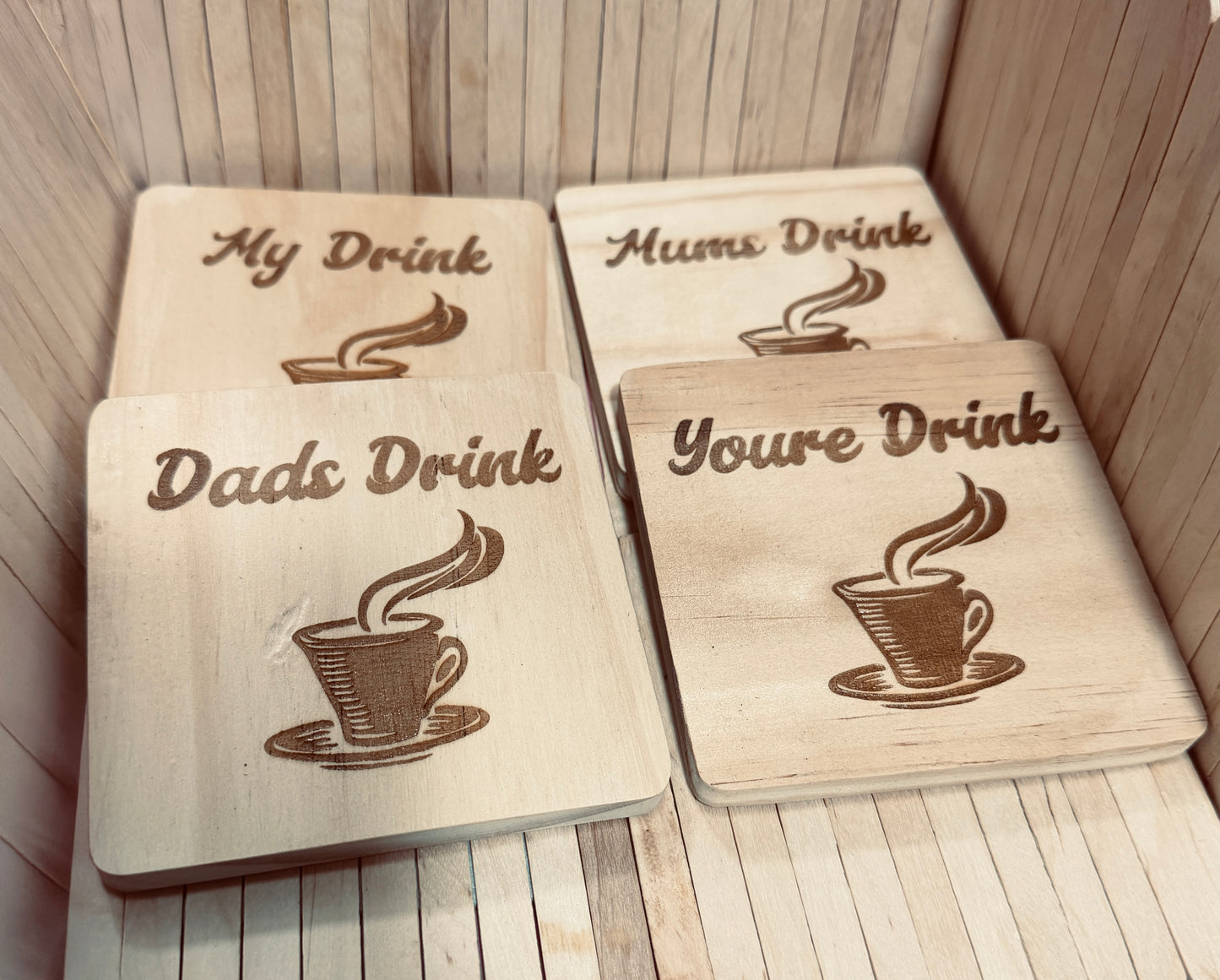 Family Drink Wooden Coaster Set — Handmade &amp; Laser Engraved Gift