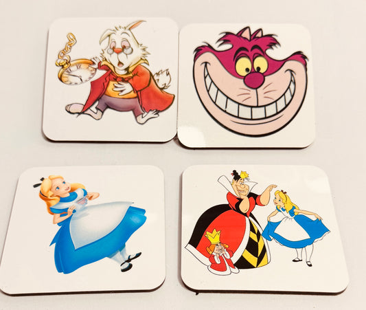 🌈 Alice in Wonderland Coaster Set – Colourful Fantasy Gift (Set of 4)