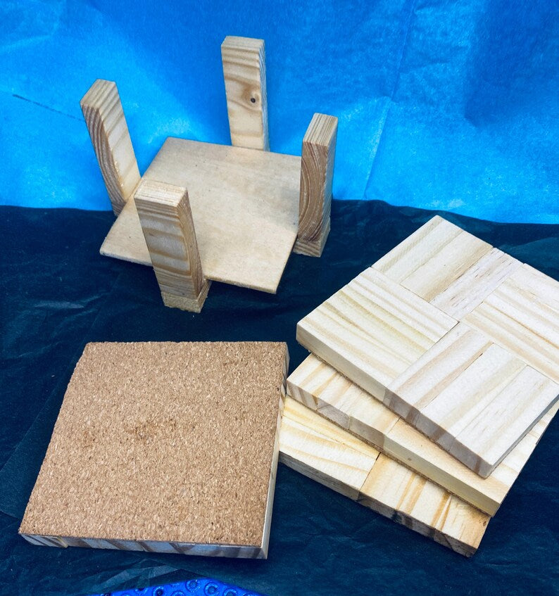 4 Wooden coasters with holder. Handmade great gift