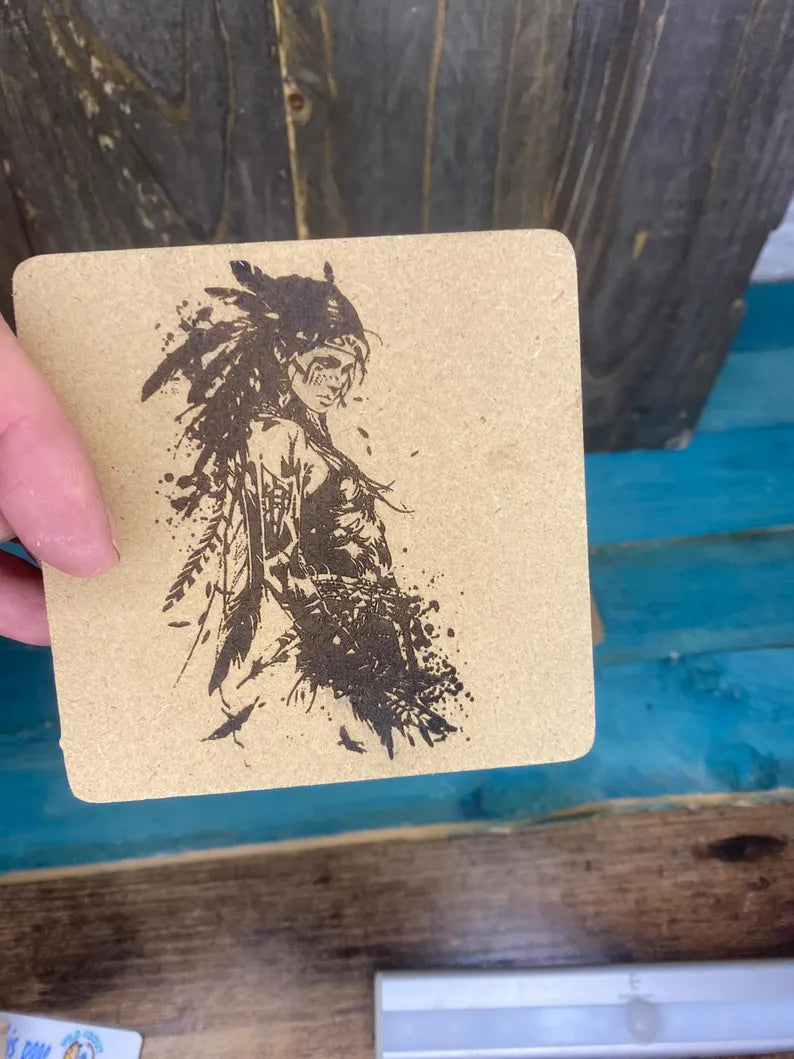 MDF Coasters set of 4. Indian squaw. Laser engraved. great gift. housewarming