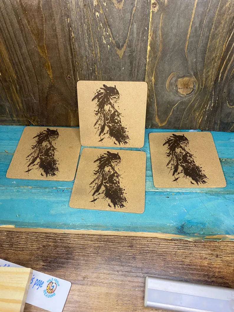 MDF Coasters set of 4. Indian squaw. Laser engraved. great gift. housewarming