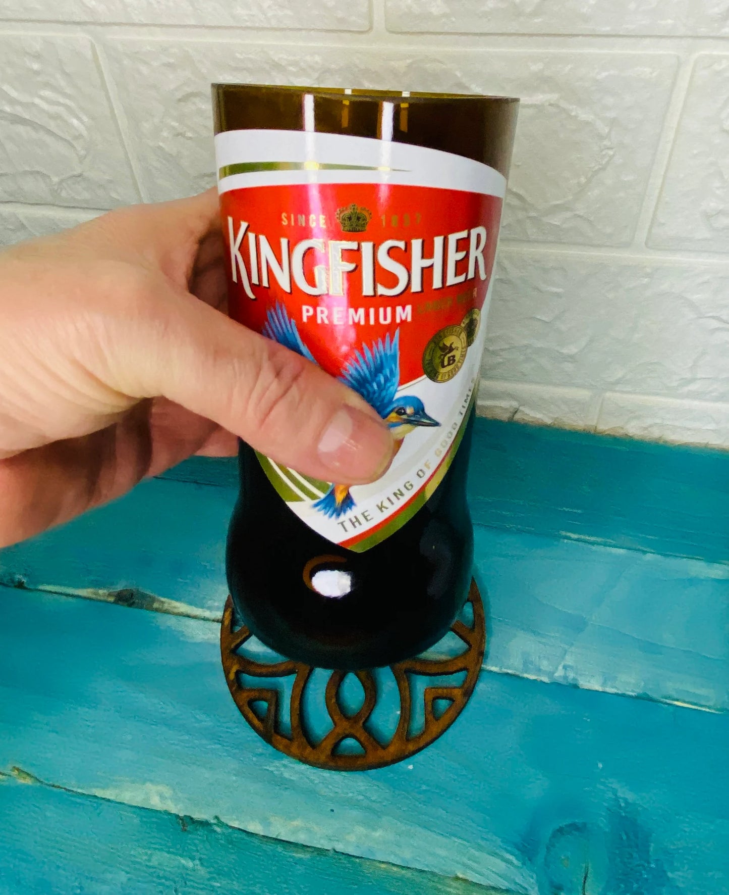 Kingfisher Beer Glass handmade from beer bottle.