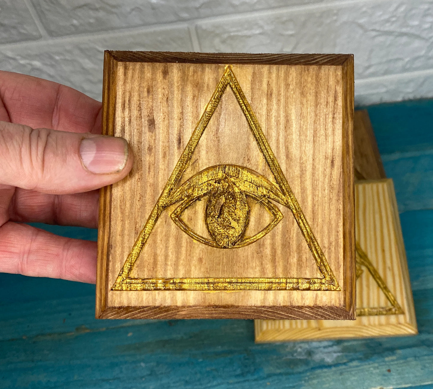 Eye of Horus Egyptian Wooden coasters with cock back.