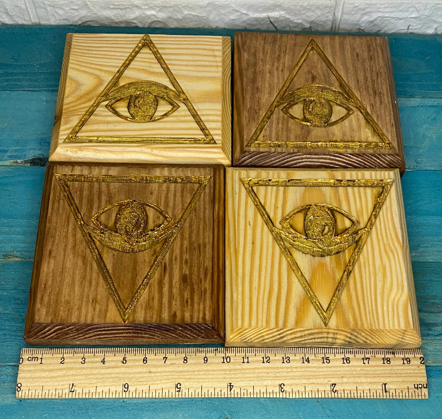 Eye of Horus Egyptian Wooden coasters with cock back.