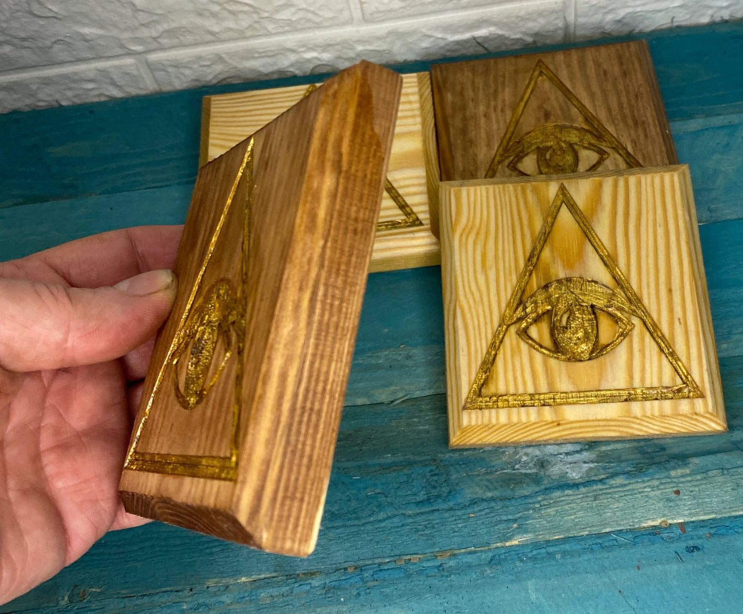 Eye of Horus Egyptian Wooden coasters with cock back.
